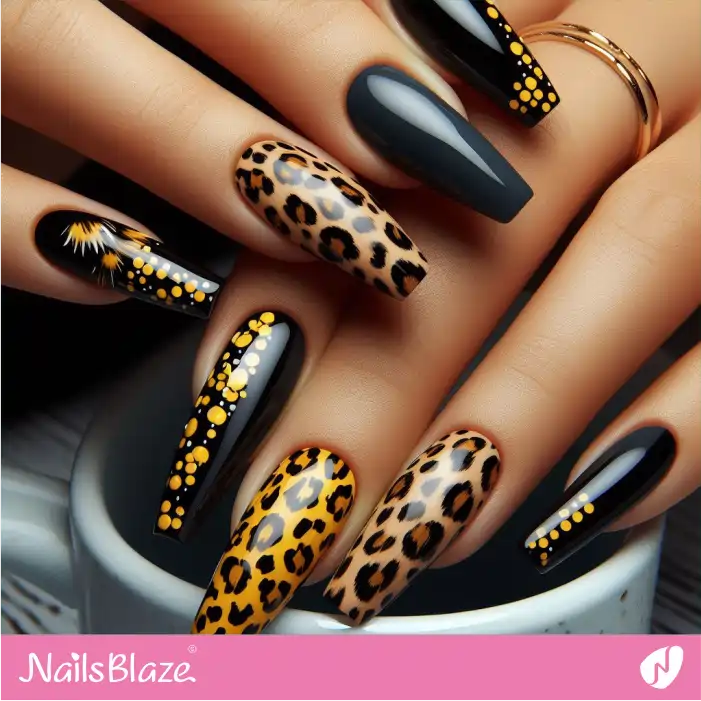 Dark and Yellow Glossy Nails Leopard Print Design | Animal Print Nails - NB2591